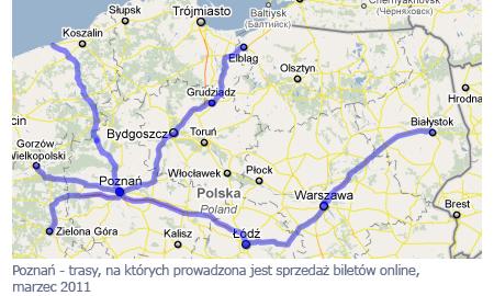 Poznań - trasy, na których prowadzona jest sprzedaż bilety online, marzec 2011